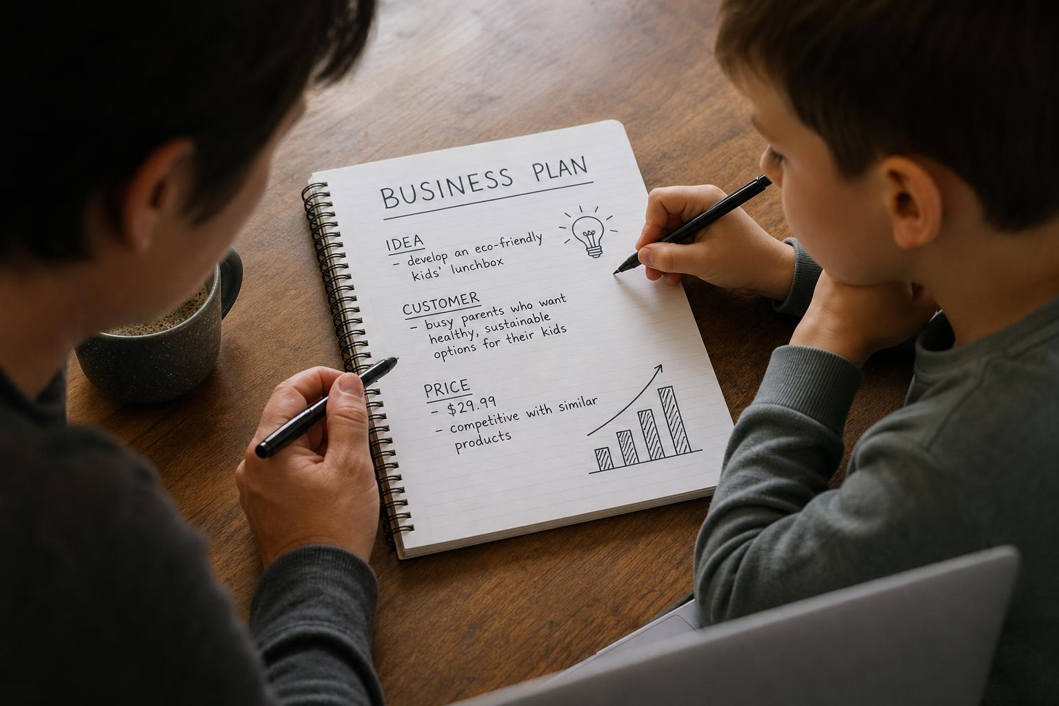 Parent and school-aged child sketching a business plan together at home