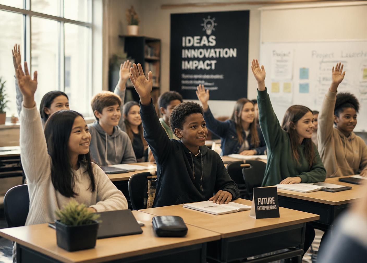 Diverse group of school-aged students raising hands during entrepreneurship class