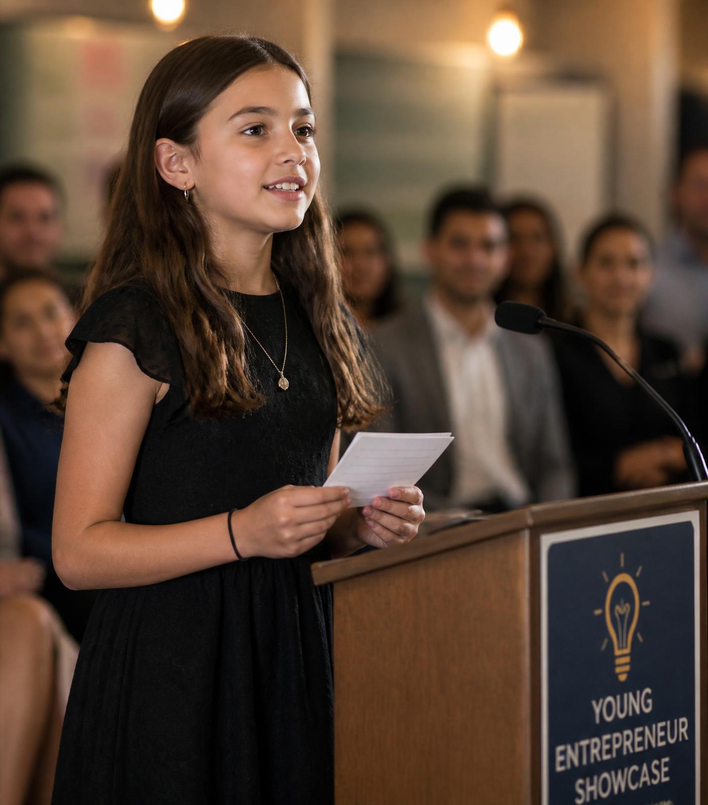 Young student pitching her business idea at the entrepreneur showcase