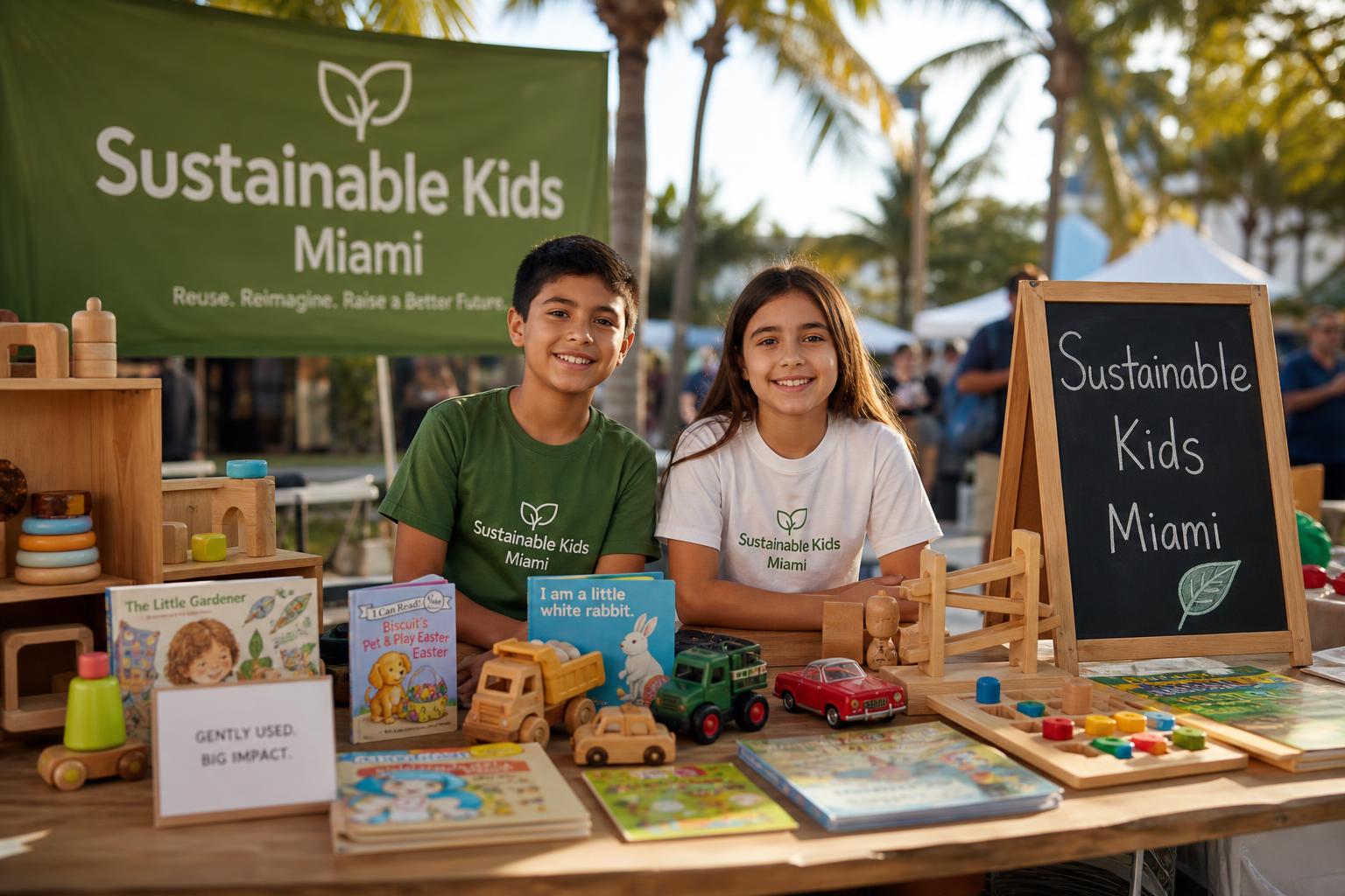 Two kids smiling behind the Sustainable Kids Miami market booth with used children's books, toy trucks and cars, and Montessori toys