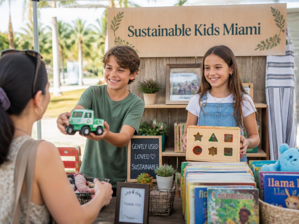Two kids showing a toy truck and a Montessori toy to a customer at their Miami vintage market booth